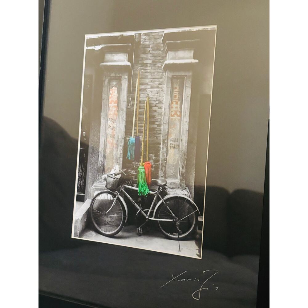 Framed Bicycle Photography Signed Xuanmin Jin China Street Scene